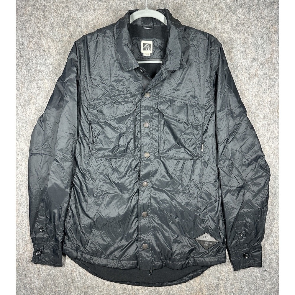Reef Men's Insulated Snap Front Jacket L Black Lightweight Nylon Surf Skate
